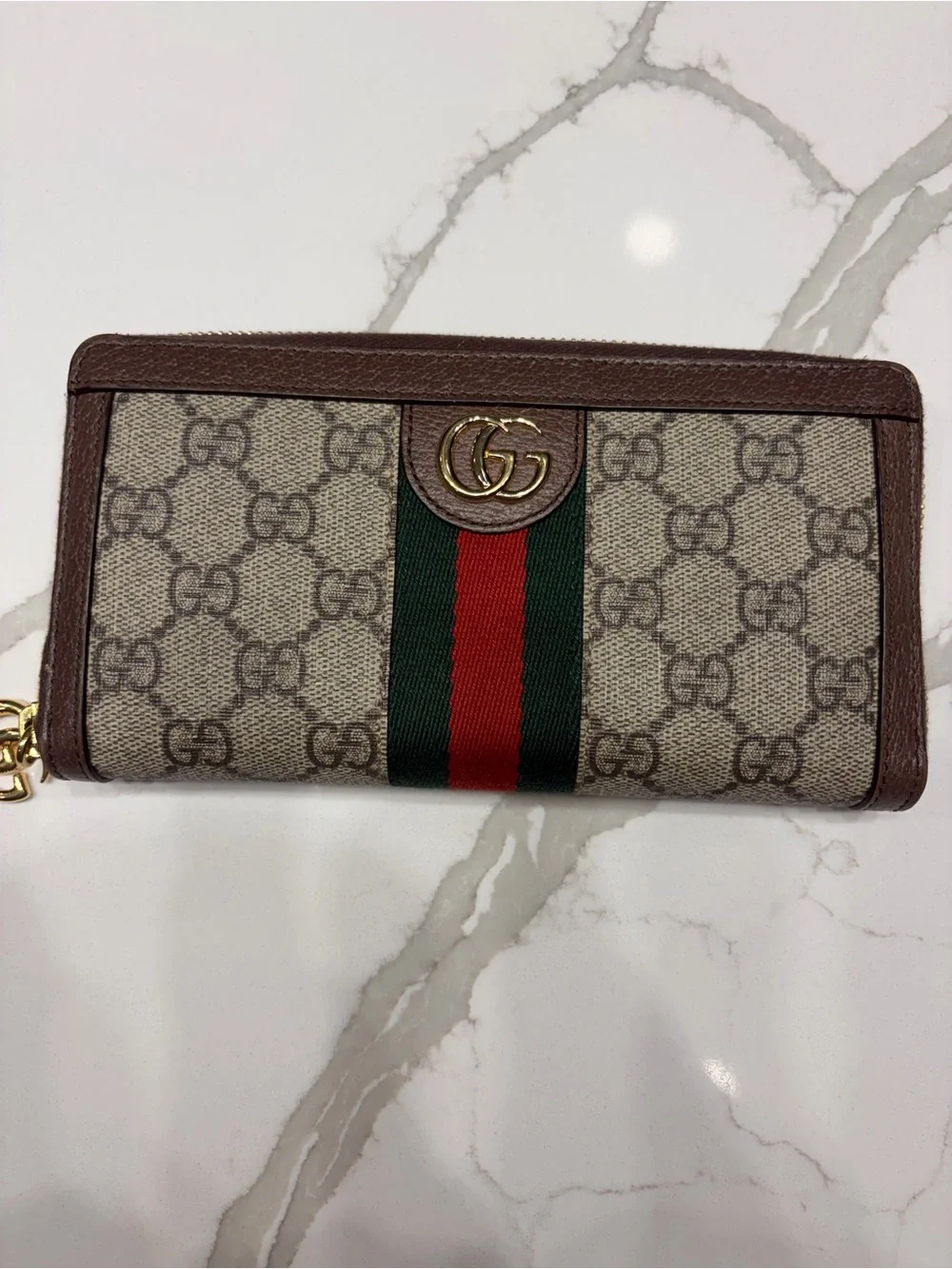 Gucci Ophidia GG Supreme Zip Around Wallet with Web Stripe & Gold Hardware